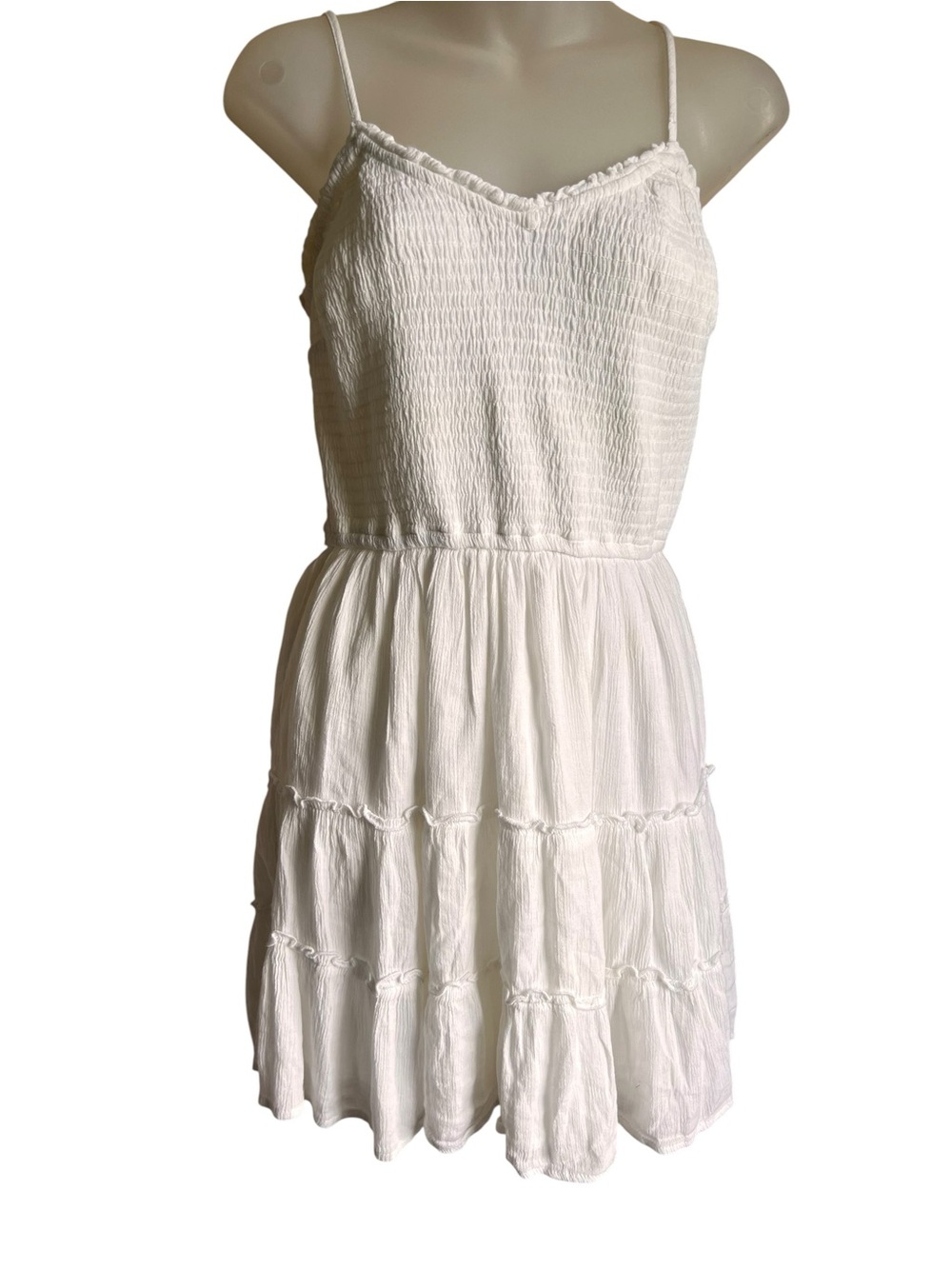 Hollister Mini Cotton Blend Dress Womens Medium White Tiered Smocked Tiered Boho